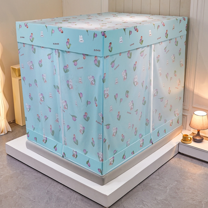 91家纺网 家纺一手货源 找家纺 千逸虹 2026新款卡通加密加大全底坐床遮光防摔回底蚊帐 郁金香蓝-回底