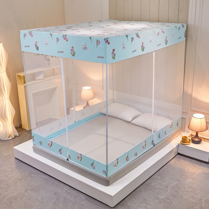 91家纺网 家纺一手货源 找家纺 千逸虹 2026新款卡通加密加大全底坐床遮光防摔回底蚊帐 郁金香蓝-回底