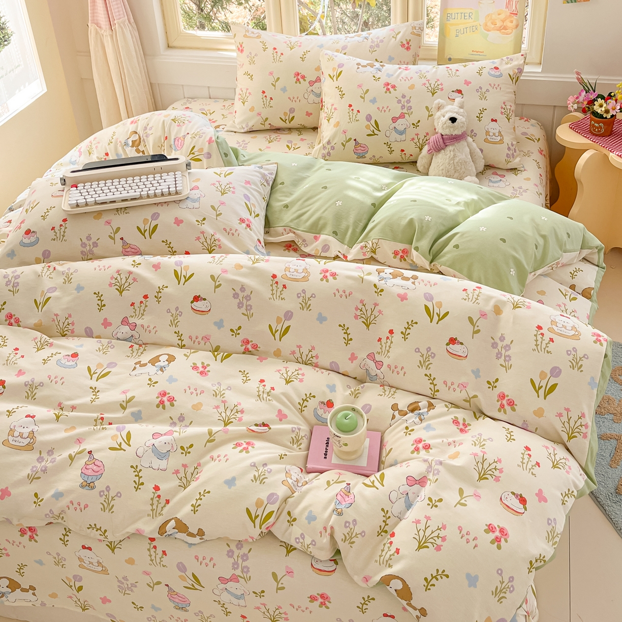 91家纺网 家纺一手货源 找家纺 寻米 2026新款13070全棉纯棉印花单床笠床笠单件-风格二 花园小狗