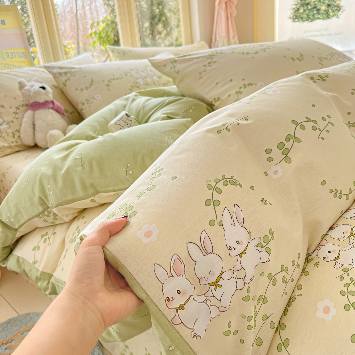 91家纺网 家纺一手货源 找家纺 寻米 2026新款13070全棉纯棉印花单床笠床笠单件-风格二 花园小兔
