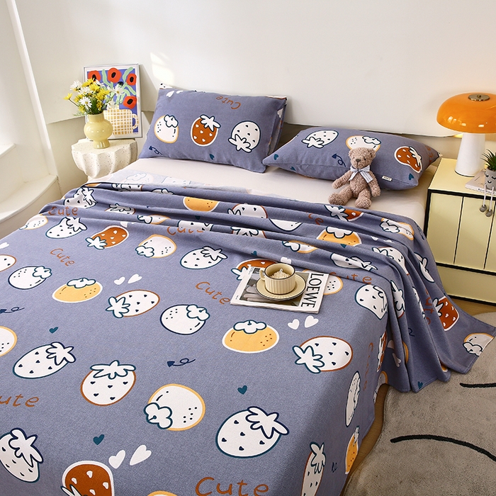 91家纺网 家纺一手货源 找家纺 爱彼家纺 2026新款古艺粗纱老粗布加厚加密凉席席子床单三件套 草莓多多