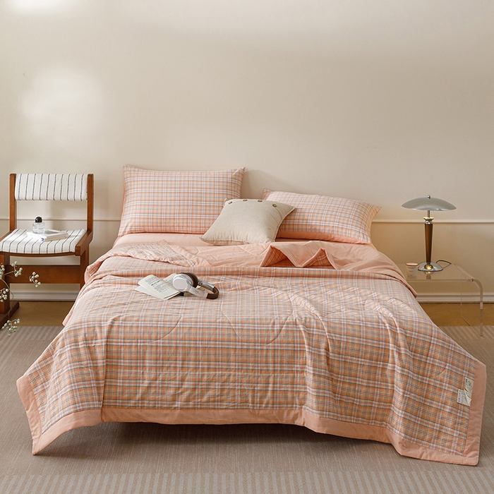 91家纺网 家纺一手货源 找家纺 悦然毛巾被 2026新款全棉水洗棉夏被夏凉被空调被 暖格晚风橙