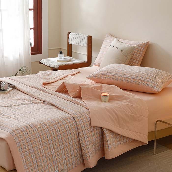 91家纺网 家纺一手货源 找家纺 悦然毛巾被 2026新款全棉水洗棉夏被夏凉被空调被 暖格晚风橙