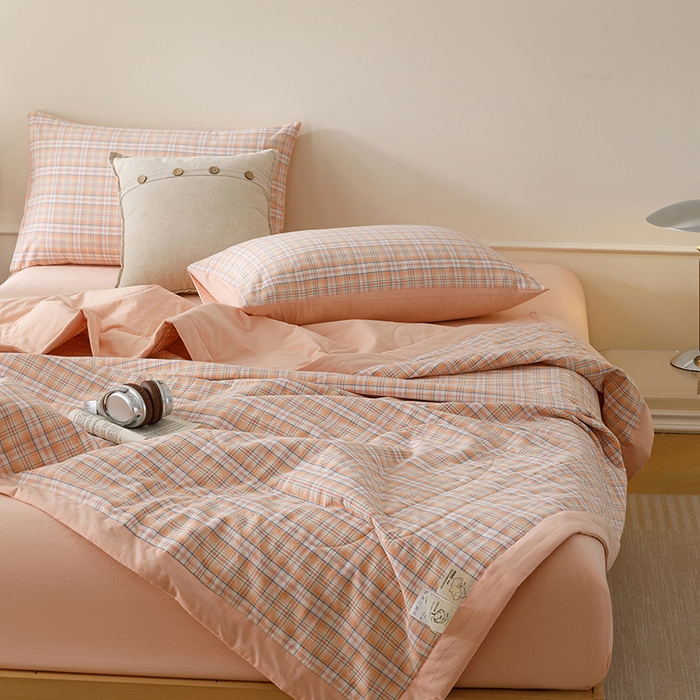 91家纺网 家纺一手货源 找家纺 悦然毛巾被 2026新款全棉水洗棉夏被夏凉被空调被 暖格晚风橙