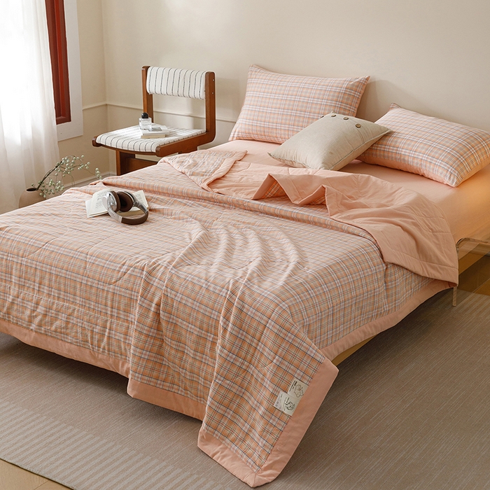 91家纺网 家纺一手货源 找家纺 悦然毛巾被 2026新款全棉水洗棉夏被夏凉被空调被 暖格晚风橙