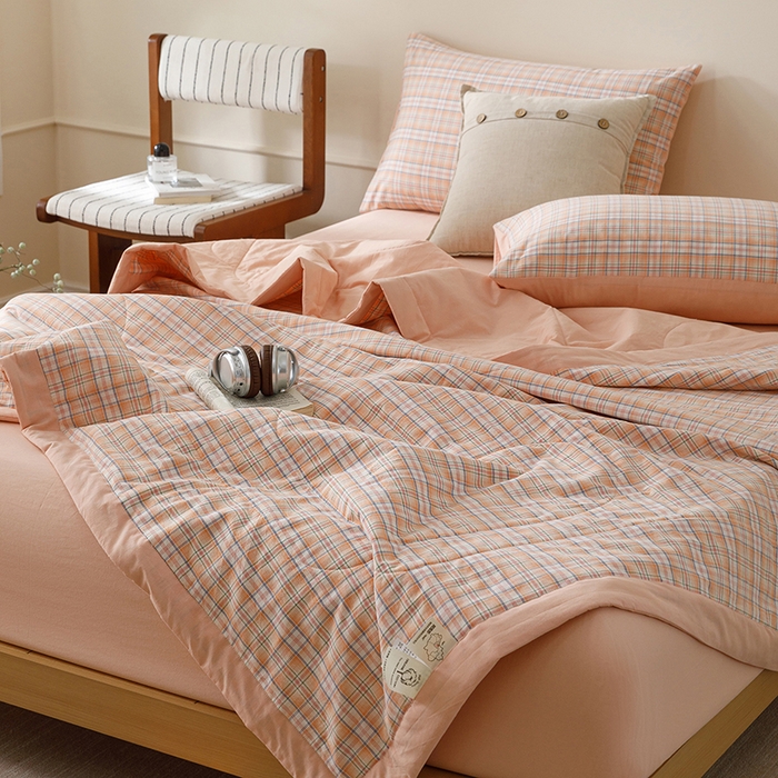 91家纺网 家纺一手货源 找家纺 悦然毛巾被 2026新款全棉水洗棉夏被夏凉被空调被 暖格晚风橙