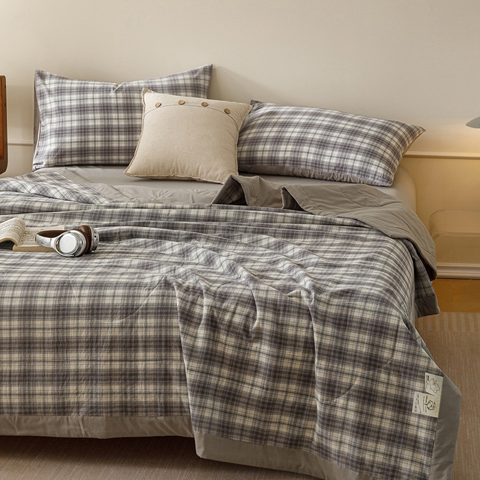 91家纺网 家纺一手货源 找家纺 悦然毛巾被 2026新款全棉水洗棉夏被夏凉被空调被 暖格晚风灰