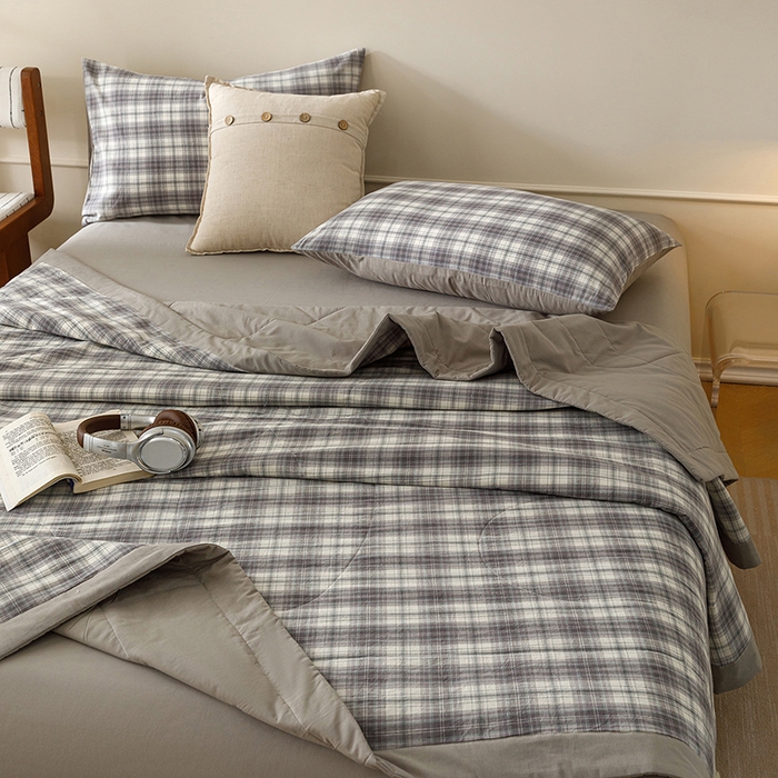 91家纺网 家纺一手货源 找家纺 悦然毛巾被 2026新款全棉水洗棉夏被夏凉被空调被 暖格晚风灰