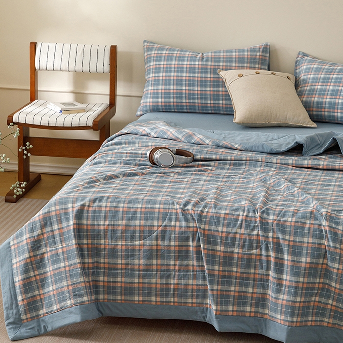 91家纺网 家纺一手货源 找家纺 悦然毛巾被 2026新款全棉水洗棉夏被夏凉被空调被 暖格晚风蓝