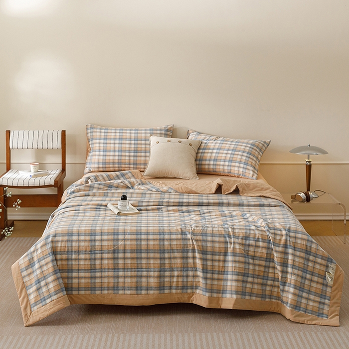 91家纺网 家纺一手货源 找家纺 悦然毛巾被 2026新款全棉水洗棉夏被夏凉被空调被 暖格晚风咖