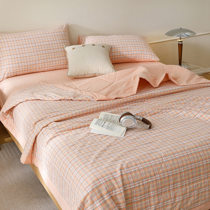 91家纺网 家纺一手货源 找家纺 悦然毛巾被 2026新款全棉水洗棉夏被夏凉被空调被 暖格晚风橙