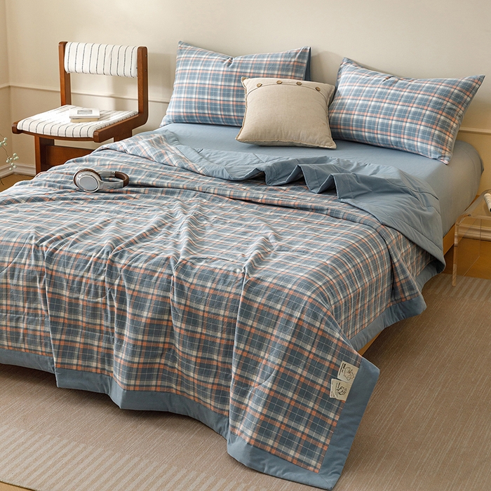 91家纺网 家纺一手货源 找家纺 悦然毛巾被 2026新款全棉水洗棉夏被夏凉被空调被 暖格晚风蓝