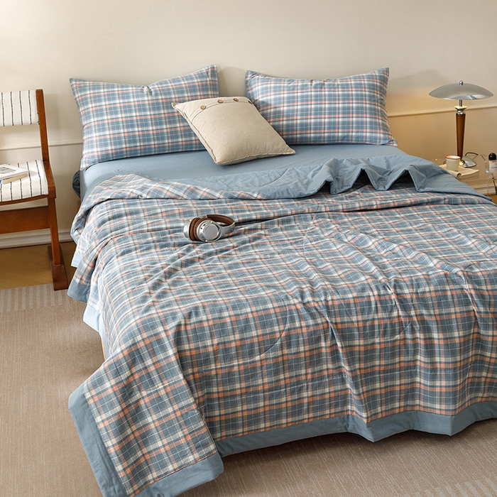 91家纺网 家纺一手货源 找家纺 悦然毛巾被 2026新款全棉水洗棉夏被夏凉被空调被 暖格晚风蓝