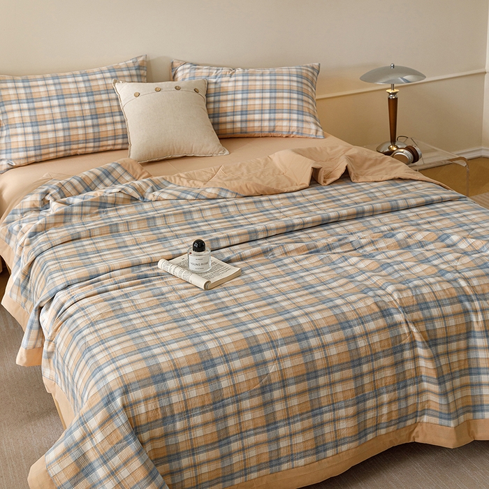 91家纺网 家纺一手货源 找家纺 悦然毛巾被 2026新款全棉水洗棉夏被夏凉被空调被 暖格晚风咖