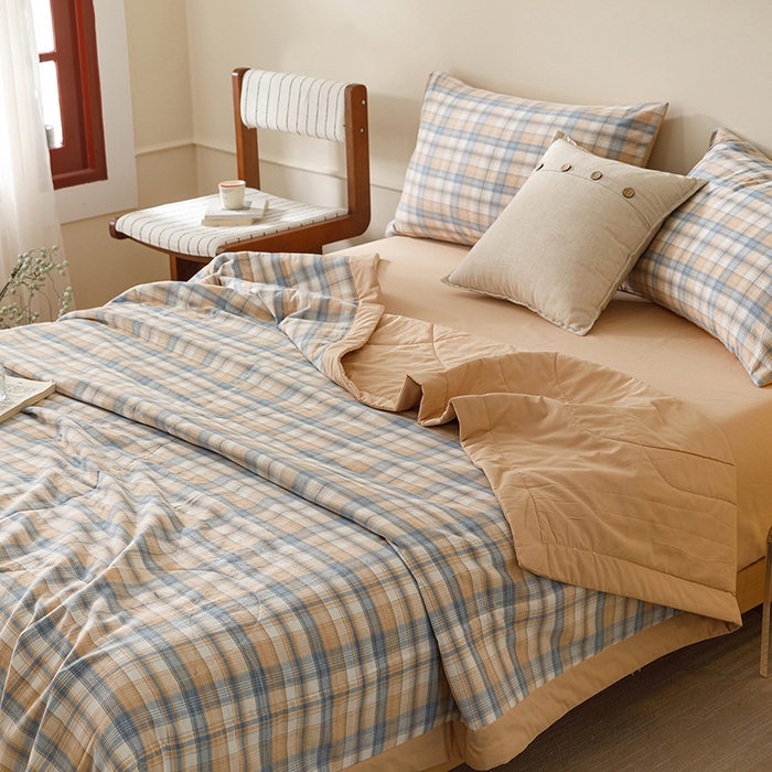 91家纺网 家纺一手货源 找家纺 悦然毛巾被 2026新款全棉水洗棉夏被夏凉被空调被 暖格晚风咖