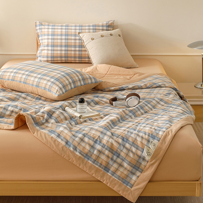 91家纺网 家纺一手货源 找家纺 悦然毛巾被 2026新款全棉水洗棉夏被夏凉被空调被 暖格晚风咖