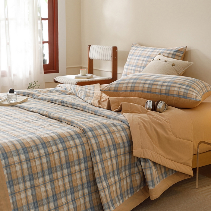 91家纺网 家纺一手货源 找家纺 悦然毛巾被 2026新款全棉水洗棉夏被夏凉被空调被 暖格晚风咖