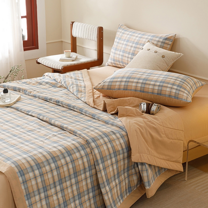 91家纺网 家纺一手货源 找家纺 悦然毛巾被 2026新款全棉水洗棉夏被夏凉被空调被 暖格晚风咖