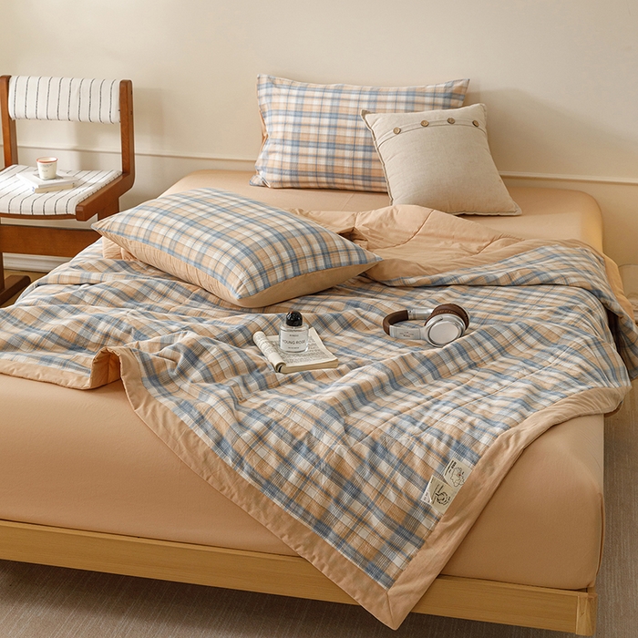 91家纺网 家纺一手货源 找家纺 悦然毛巾被 2026新款全棉水洗棉夏被夏凉被空调被 暖格晚风咖