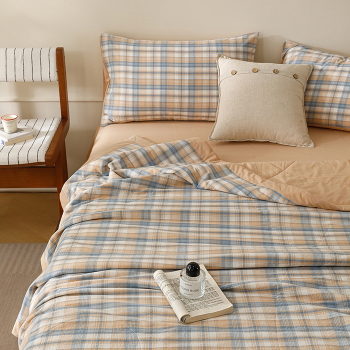 91家纺网 家纺一手货源 找家纺 悦然毛巾被 2026新款全棉水洗棉夏被夏凉被空调被 暖格晚风咖