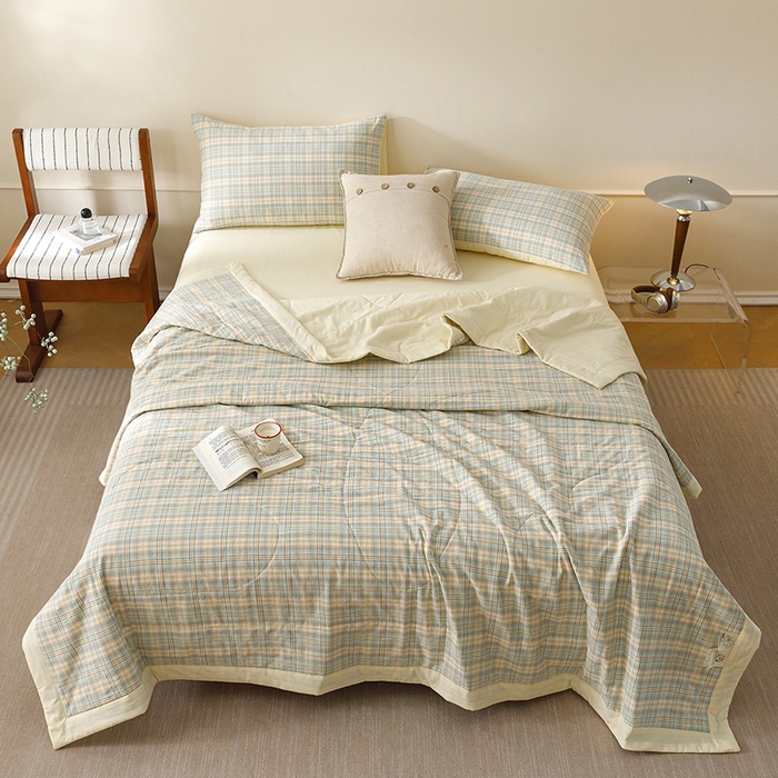 91家纺网 家纺一手货源 找家纺 悦然毛巾被 2026新款全棉水洗棉夏被夏凉被空调被 暖格晚风黄