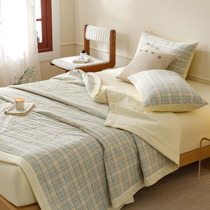 91家纺网 家纺一手货源 找家纺 悦然毛巾被 2026新款全棉水洗棉夏被夏凉被空调被 暖格晚风黄