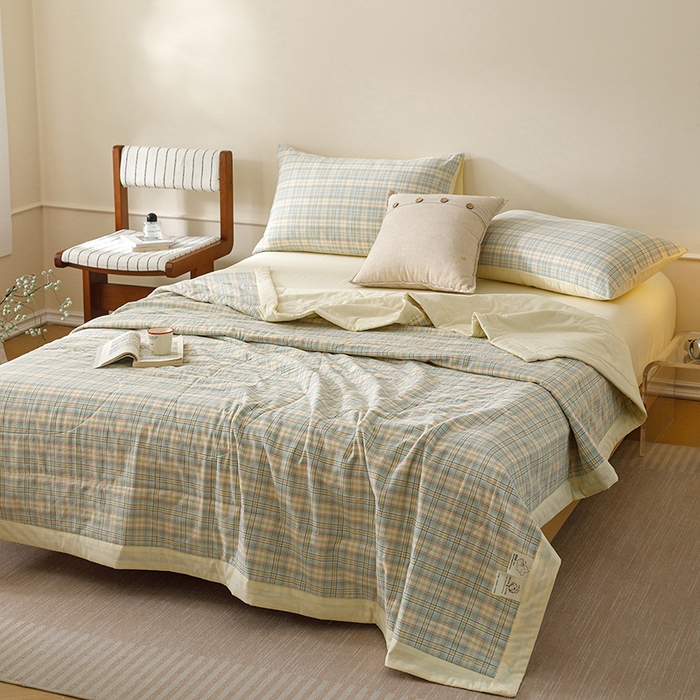 91家纺网 家纺一手货源 找家纺 悦然毛巾被 2026新款全棉水洗棉夏被夏凉被空调被 暖格晚风黄