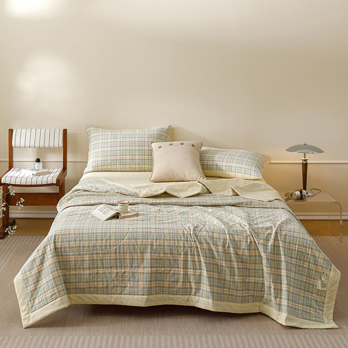 91家纺网 家纺一手货源 找家纺 悦然毛巾被 2026新款全棉水洗棉夏被夏凉被空调被 暖格晚风黄