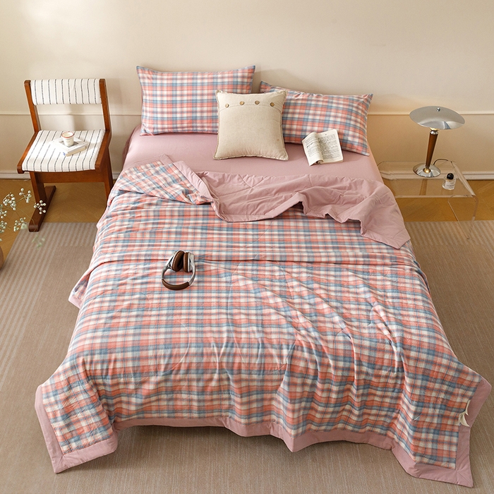 91家纺网 家纺一手货源 找家纺 悦然毛巾被 2026新款全棉水洗棉夏被夏凉被空调被 暖格晚风粉