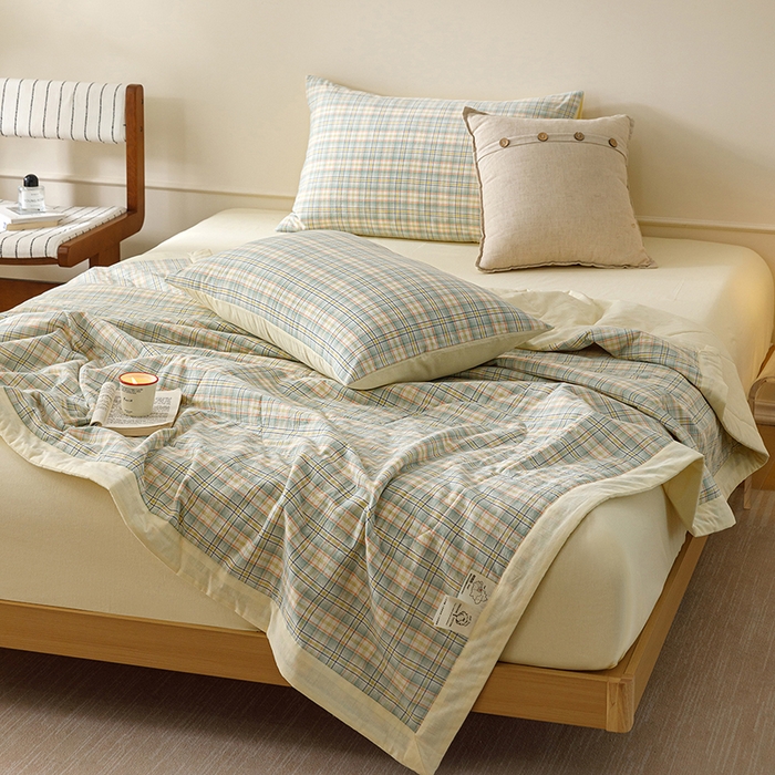 91家纺网 家纺一手货源 找家纺 悦然毛巾被 2026新款全棉水洗棉夏被夏凉被空调被 暖格晚风黄