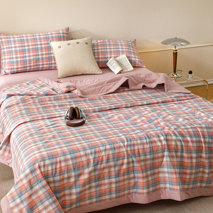 91家纺网 家纺一手货源 找家纺 悦然毛巾被 2026新款全棉水洗棉夏被夏凉被空调被 暖格晚风粉