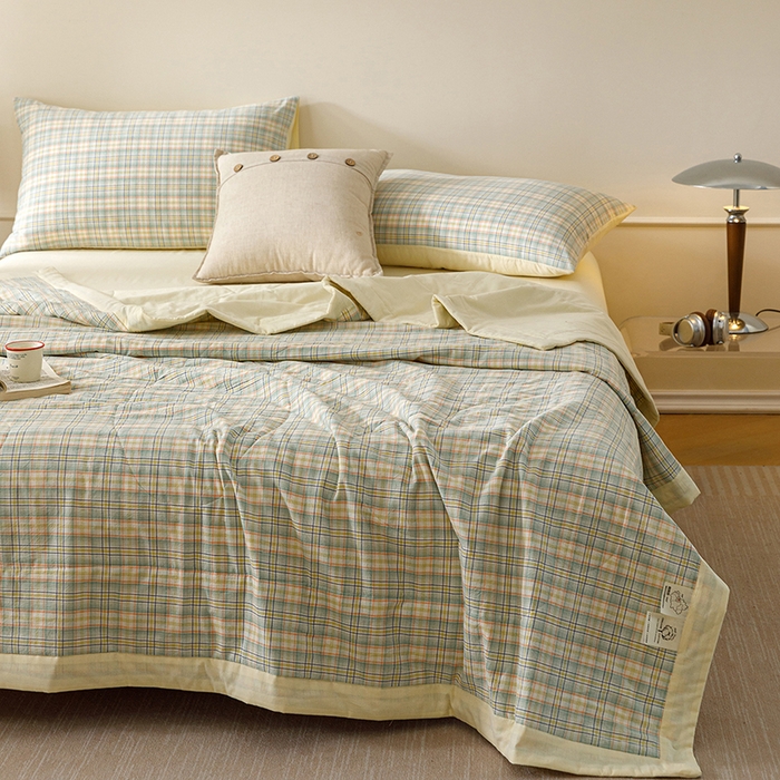 91家纺网 家纺一手货源 找家纺 悦然毛巾被 2026新款全棉水洗棉夏被夏凉被空调被 暖格晚风黄