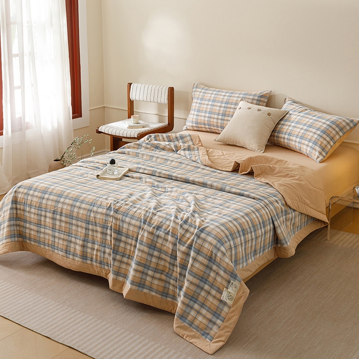 91家纺网 家纺一手货源 找家纺 悦然毛巾被 2026新款全棉水洗棉夏被夏凉被空调被 暖格晚风咖