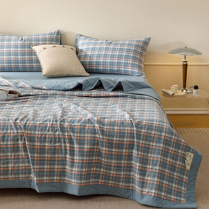 91家纺网 家纺一手货源 找家纺 悦然毛巾被 2026新款全棉水洗棉夏被夏凉被空调被 暖格晚风蓝