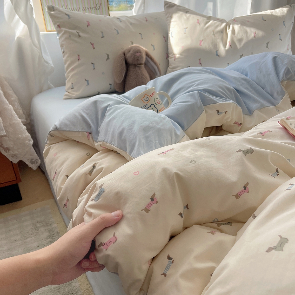 91家纺网 家纺一手货源 找家纺 沐芷 2026 【提供买家秀】古法水洗仿棉A类四件套床上用品三件套被套被罩床笠款---第一波 萌犬游记