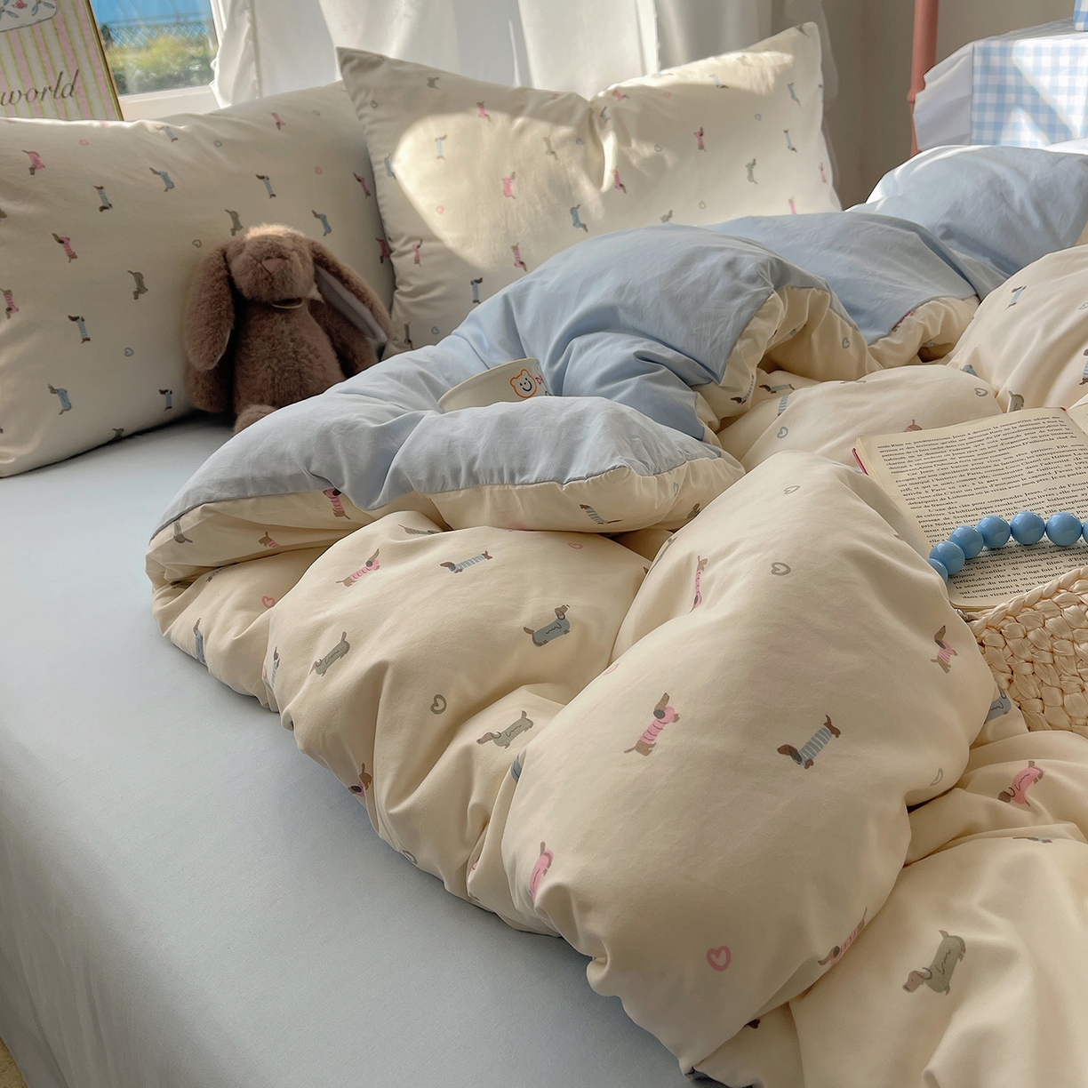 91家纺网 家纺一手货源 找家纺 沐芷 2026 【提供买家秀】古法水洗仿棉A类四件套床上用品三件套被套被罩床笠款---第一波 萌犬游记