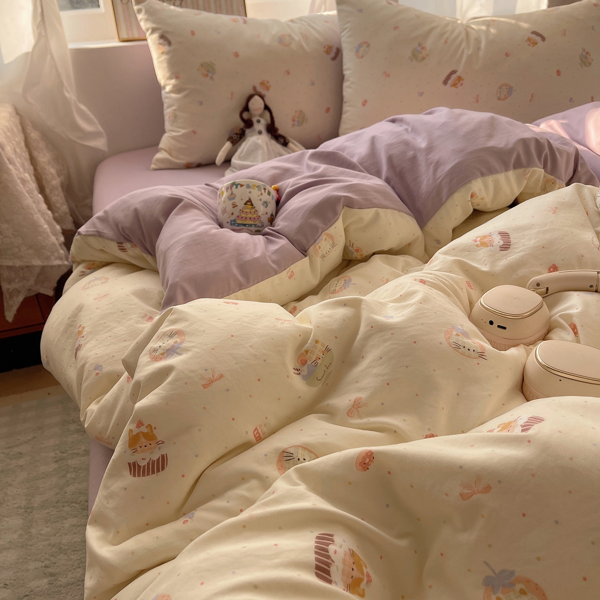 沐芷 2026 【提供买家秀】古法水洗仿棉A类四件套床上用品三件套被套被罩床笠款---第一波 猫咪甜点屋