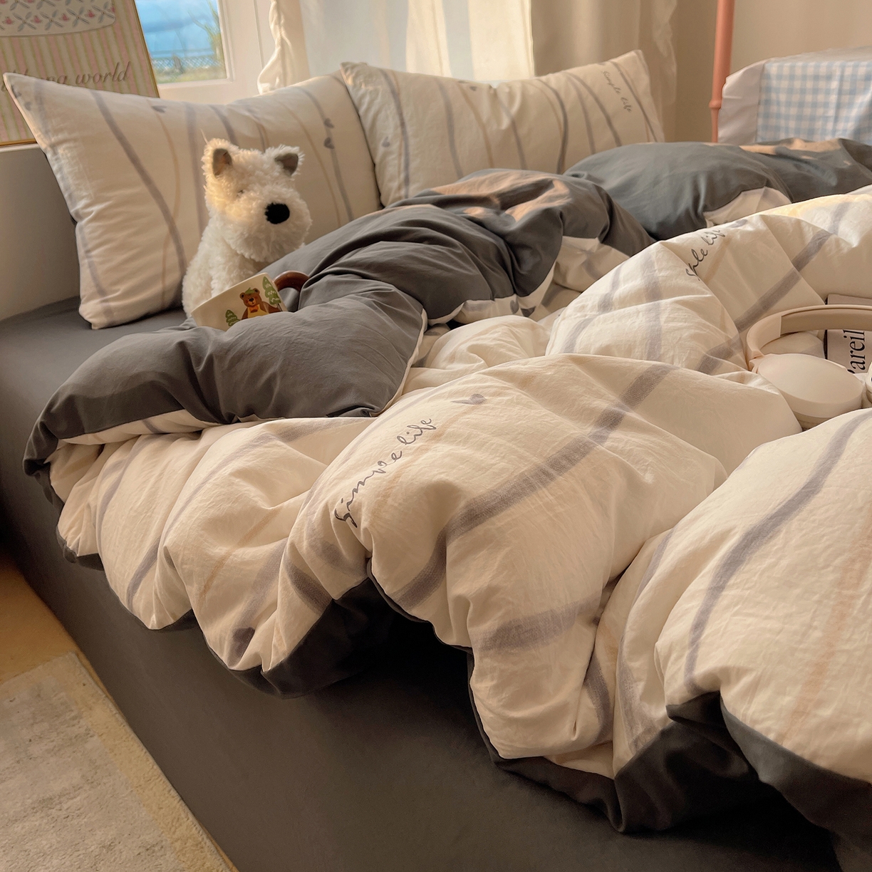 91家纺网 家纺一手货源 找家纺 沐芷 2026 【提供买家秀】古法水洗仿棉A类四件套床上用品三件套被套被罩床笠款---第一波 灰度情书