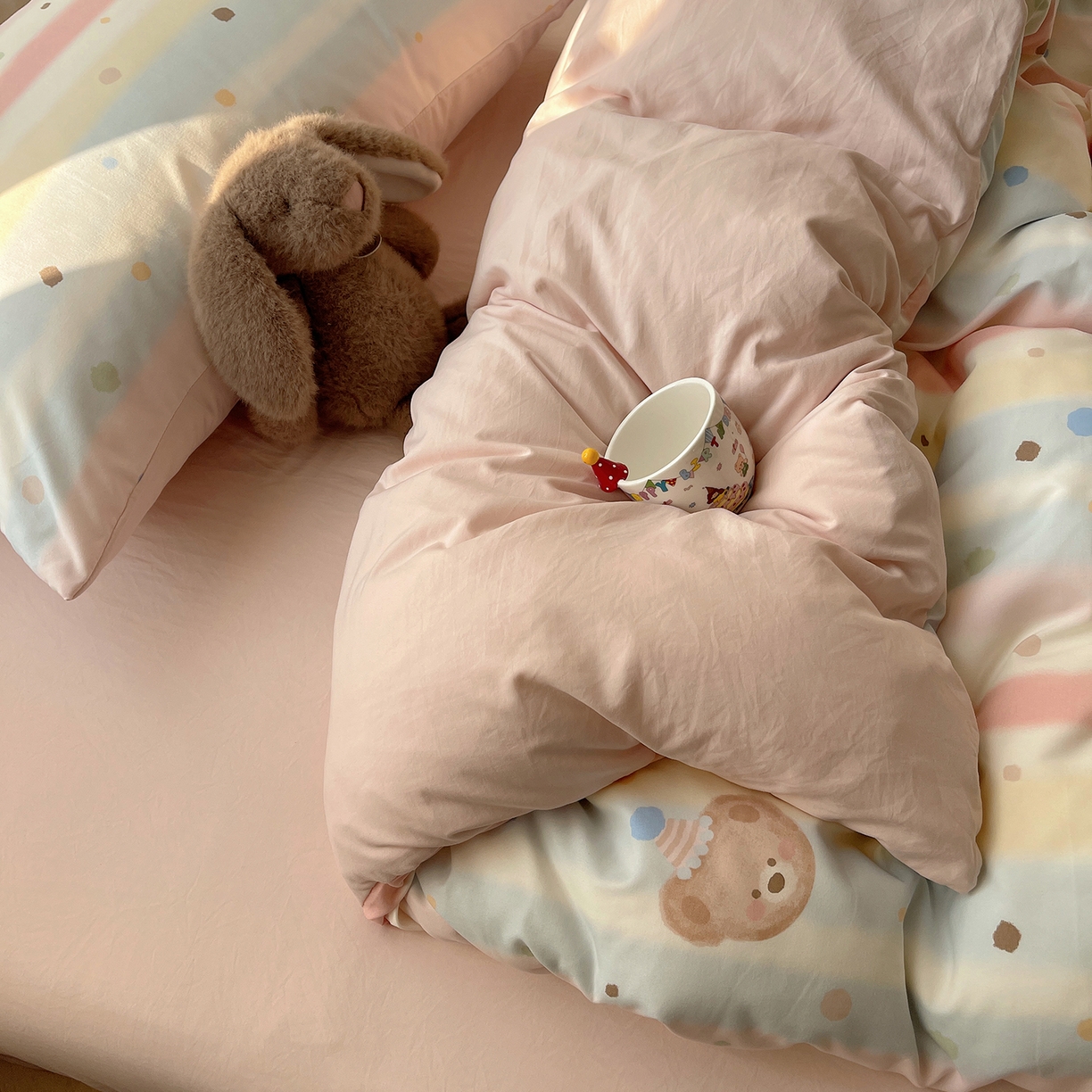 91家纺网 家纺一手货源 找家纺 沐芷 2026 【提供买家秀】古法水洗仿棉A类四件套床上用品三件套被套被罩床笠款---第一波 暖意小熊