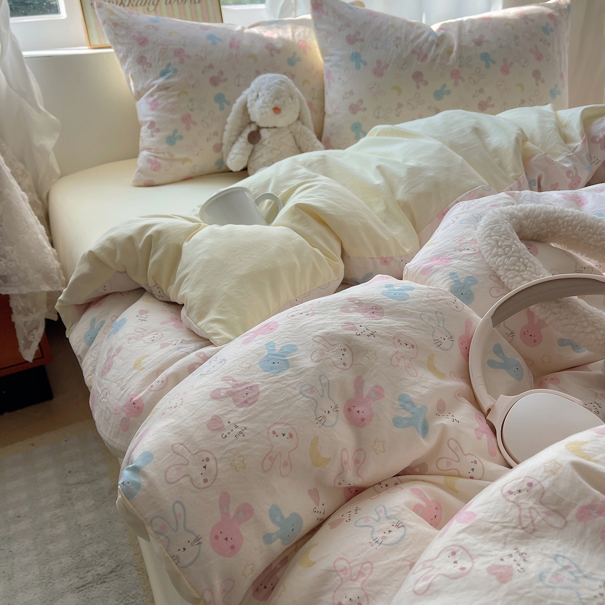 91家纺网 家纺一手货源 找家纺 沐芷 2026 【提供买家秀】古法水洗仿棉A类四件套床上用品三件套被套被罩床笠款---第一波 兔耳朵