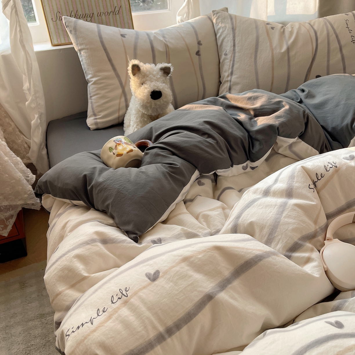 91家纺网 家纺一手货源 找家纺 沐芷 2026 【提供买家秀】古法水洗仿棉A类四件套床上用品三件套被套被罩床笠款---第一波 灰度情书