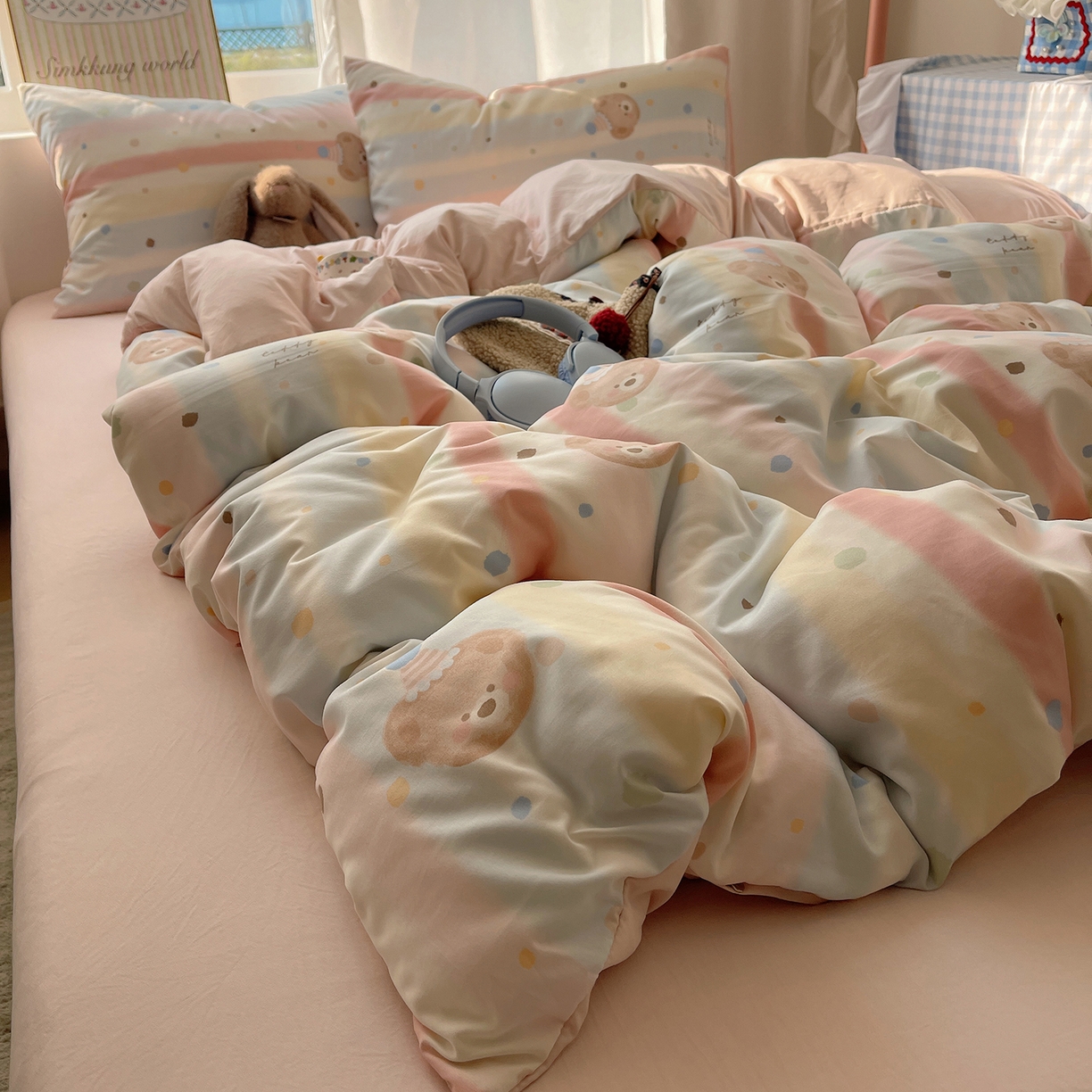 91家纺网 家纺一手货源 找家纺 沐芷 2026 【提供买家秀】古法水洗仿棉A类四件套床上用品三件套被套被罩床笠款---第一波 暖意小熊