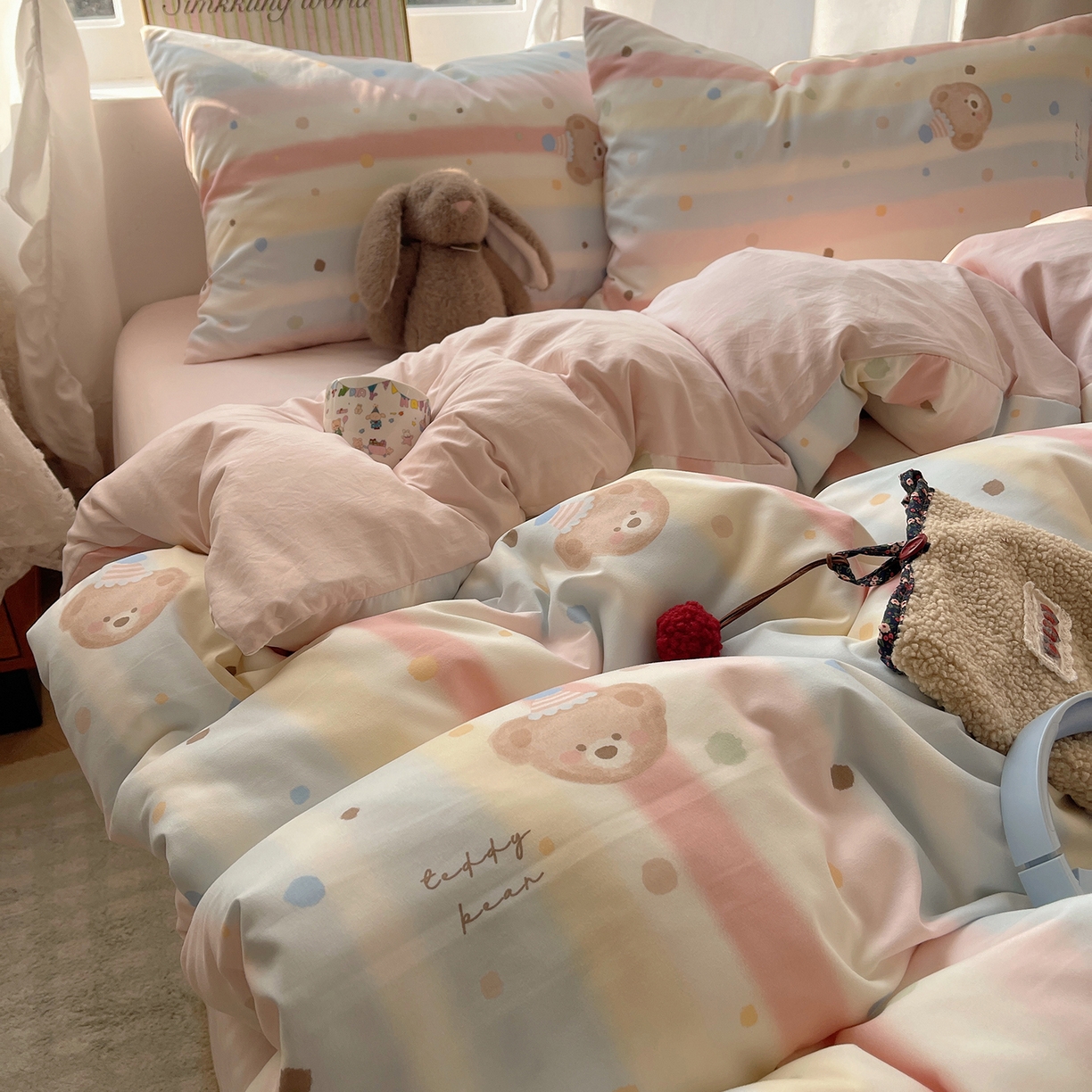 91家纺网 家纺一手货源 找家纺 沐芷 2026 【提供买家秀】古法水洗仿棉A类四件套床上用品三件套被套被罩床笠款---第一波 暖意小熊