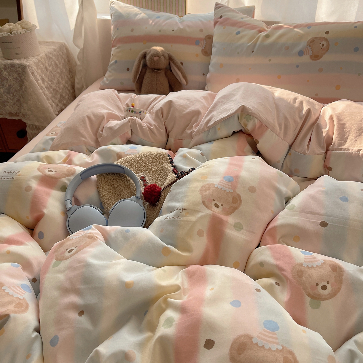 91家纺网 家纺一手货源 找家纺 沐芷 2026 【提供买家秀】古法水洗仿棉A类四件套床上用品三件套被套被罩床笠款---第一波 暖意小熊