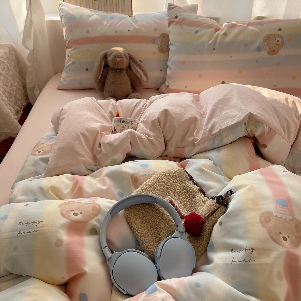 91家纺网 家纺一手货源 找家纺 沐芷 2026 【提供买家秀】古法水洗仿棉A类四件套床上用品三件套被套被罩床笠款---第一波 暖意小熊