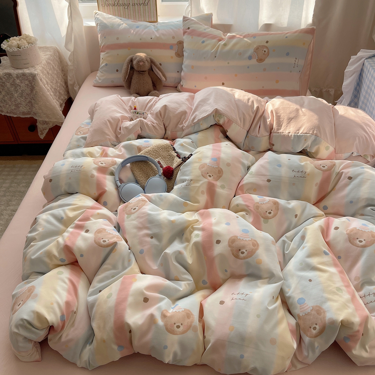 91家纺网 家纺一手货源 找家纺 沐芷 2026 【提供买家秀】古法水洗仿棉A类四件套床上用品三件套被套被罩床笠款---第一波 暖意小熊