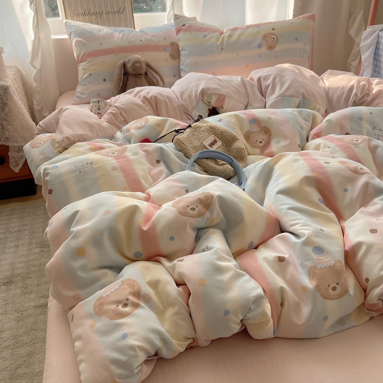 91家纺网 家纺一手货源 找家纺 沐芷 2026 【提供买家秀】古法水洗仿棉A类四件套床上用品三件套被套被罩床笠款---第一波 暖意小熊