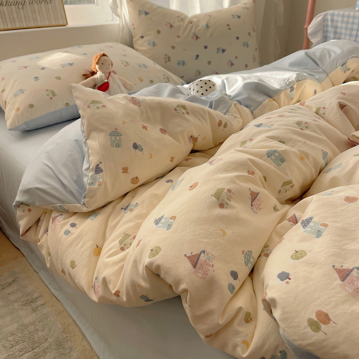 91家纺网 家纺一手货源 找家纺 沐芷 2026 【提供买家秀】古法水洗仿棉A类四件套床上用品三件套被套被罩床笠款---第一波 家园