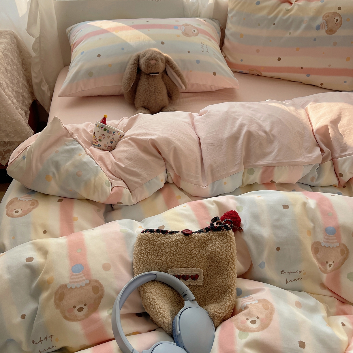 91家纺网 家纺一手货源 找家纺 沐芷 2026 【提供买家秀】古法水洗仿棉A类四件套床上用品三件套被套被罩床笠款---第一波 暖意小熊