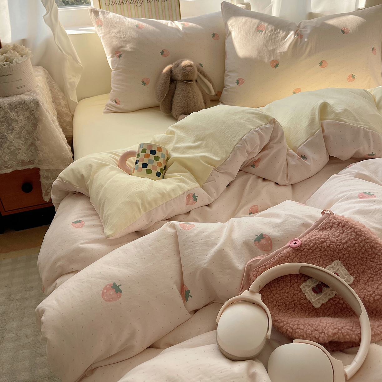 91家纺网 家纺一手货源 找家纺 沐芷 2026 【提供买家秀】古法水洗仿棉A类四件套床上用品三件套被套被罩床笠款---第一波 草莓啵啵